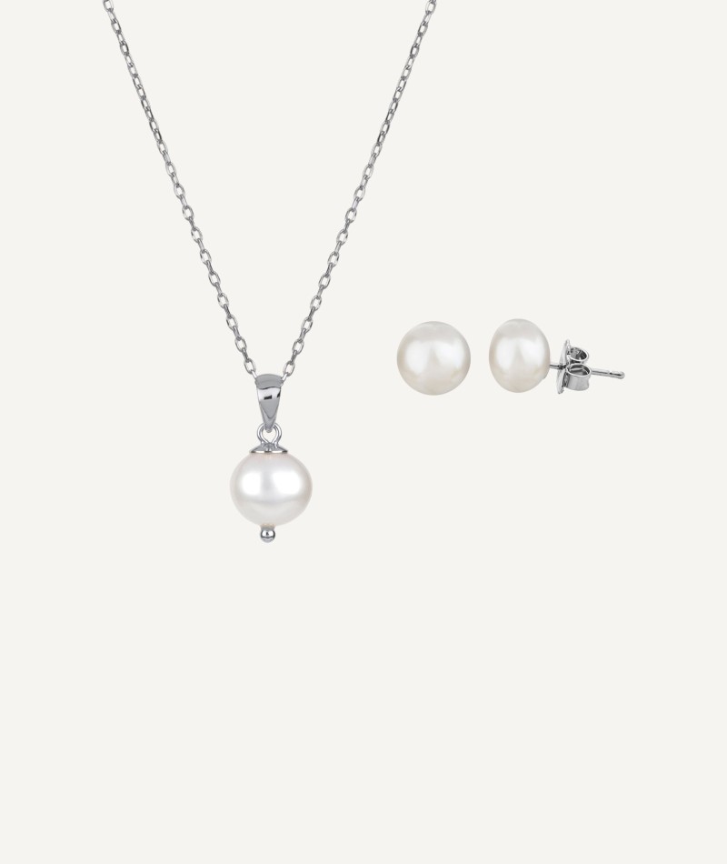 Conjunto Plata acabado Platino collar y pendientes Perlas