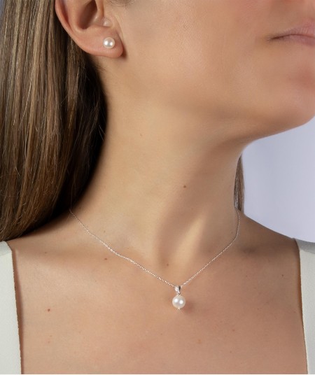 Conjunto Plata acabado Platino collar y pendientes Perlas