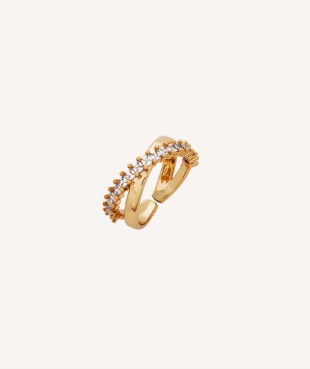 Anillo Louise Chapado Oro 18 Kt doble tira cruzada lisa y circonitas