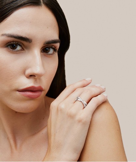 Anillo Louise Chapado Plata de Ley 925 doble tira cruzada lisa y circonitas