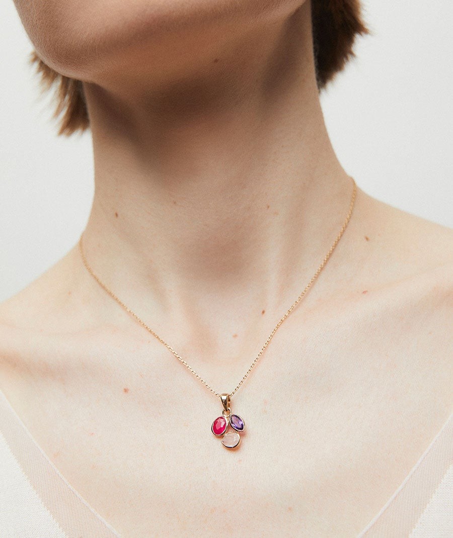 Pendant Triad leaf  with pink natural stones