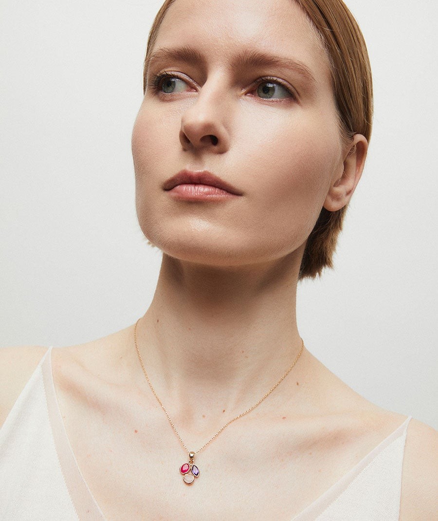 Pendant Triad leaf  with pink natural stones