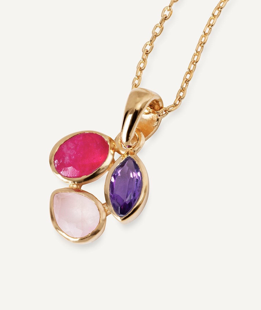 Pendant Triad leaf  with pink natural stones