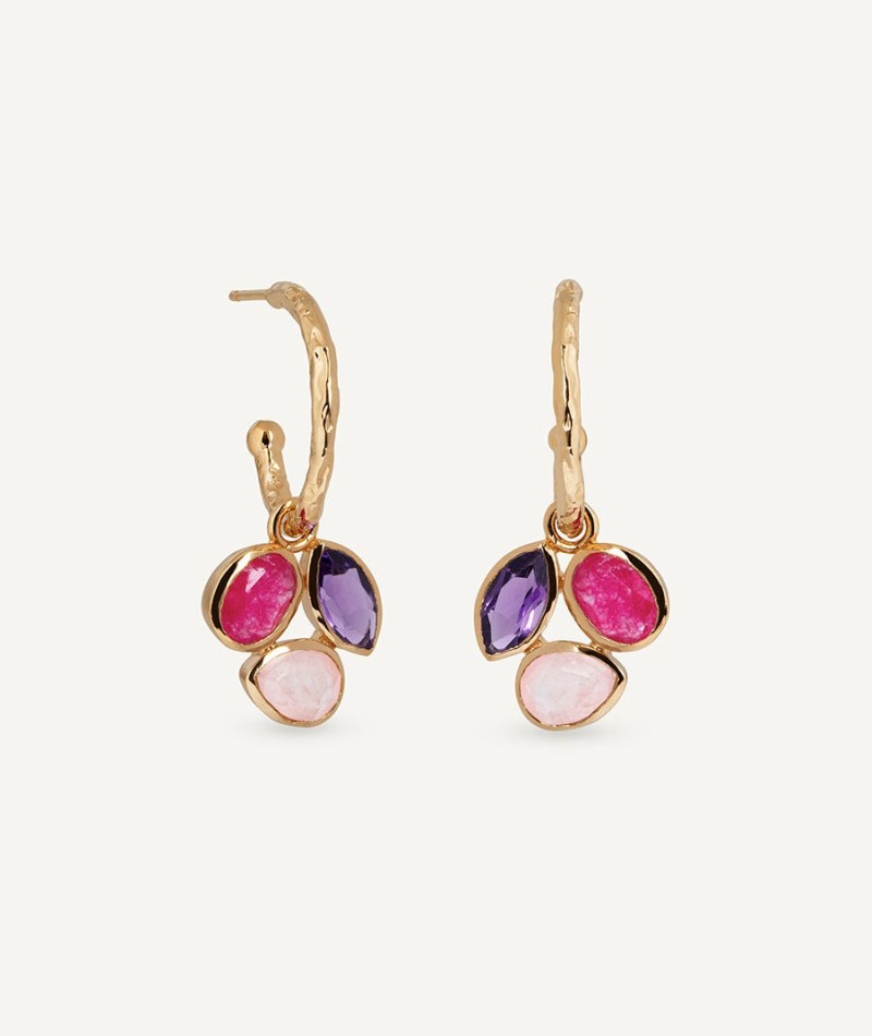 Earrings Triad hoop  with pink natural stones