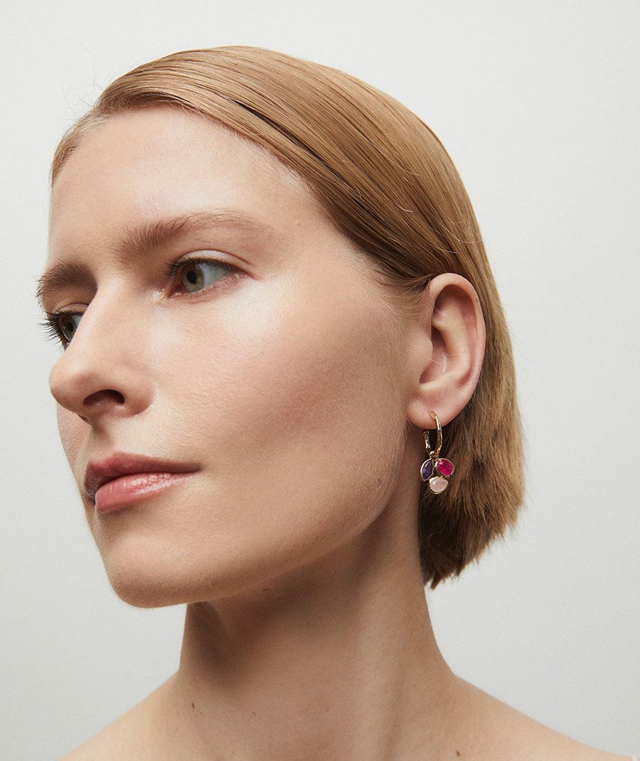 Earrings Triad hoop  with pink natural stones