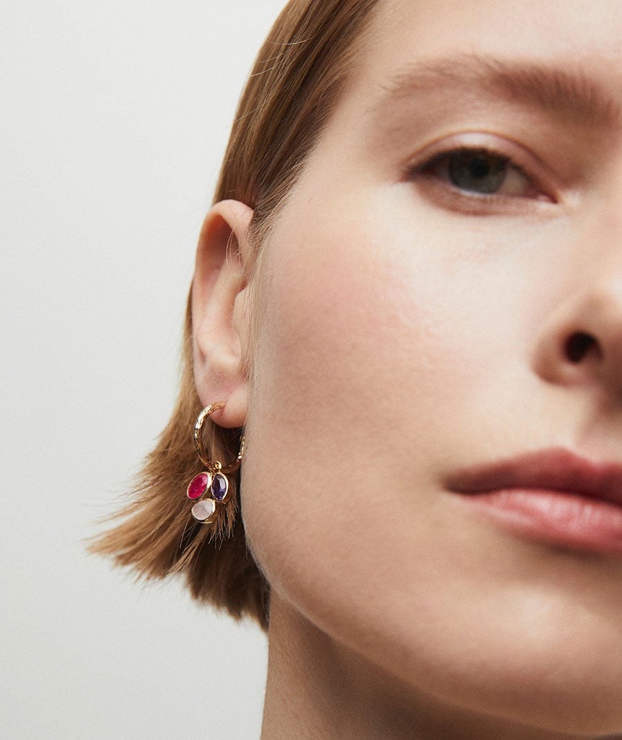 Earrings Triad hoop  with pink natural stones