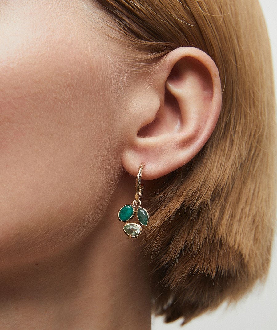 Earrings Triad hoop  with green natural stones