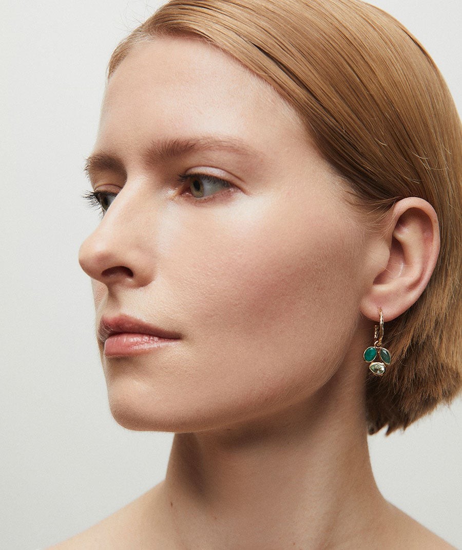 Earrings Triad hoop  with green natural stones